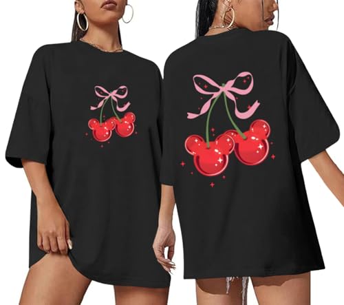 Magical Shirt for Women Cherry Bow Graphic Oversized T Shirt Family Holiday Vacation Funny Cute Aesthetic Tee Tops