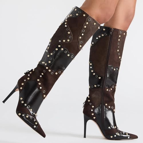 Knee High Boots Women Rivets Fall Tall Boots Pointed Toe Stiletto High Heels Side Zipper Party Dress Shoes2