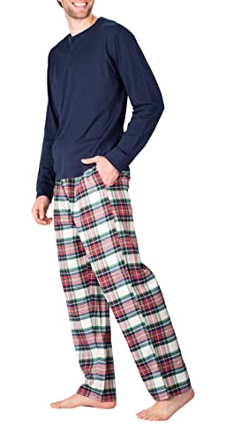 Sleephero Fathers Day Men’s Pajama Set Pajamas For Men 2 Piece Pj Set With Cotton Flannel Men Pajama Pants And Long Sleeve Henley T-Shirt Dark Navy Tartan Plaid Large #TOP5