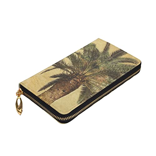 Portefeuille en cuir noir zippé pour femme grand format motif palmier