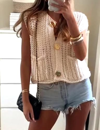 UAURORAO Women Chunky Sweater Vest Button Down Crochet Cable Knit Cardigan Sleeveless Open Front Knitted Crop Waistcoat2