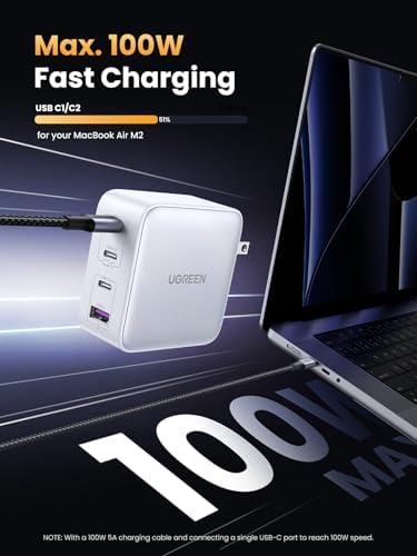 UGREEN Nexode 100W USB C Charger Block, 4-Port GaN Charger Block Fast Charger Compatible for MacBook Pro/Air, iPhone 17 Pro Max/iPhone Air, iPad Pro, Galaxy S26 S25, Pixel, Steam Deck, White