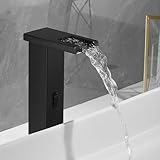 XJTNLB Wasserhahn Bad mit Sensor Batterie Waschbecken Armaturen Infrarot Waschtischarmatur Wasserfall Hochbatterie Messing,Schwarz