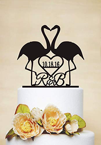 Flamingos Wedding Cake Topper, Cake Topper With Wedding Date,Initials Cake Topper,Custom Animal Cake Topper
