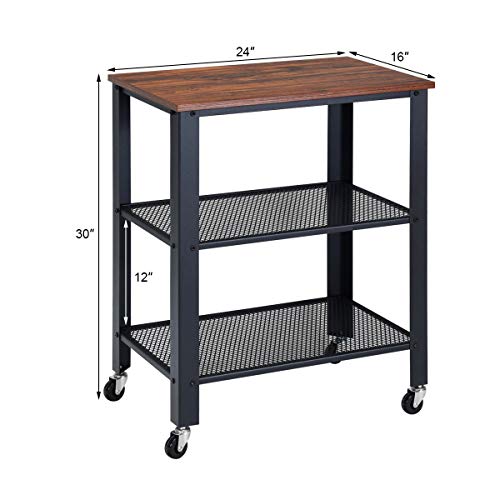 Giantex Microwave Cart Wooden 3-Tier W/Storage Shelf And Rolling Casters, Industrial Style Metal Frame For Kitchen, Living Room Accent Furniture For Living Room Rolling Serving Cart (Net-Brown) #TOP7