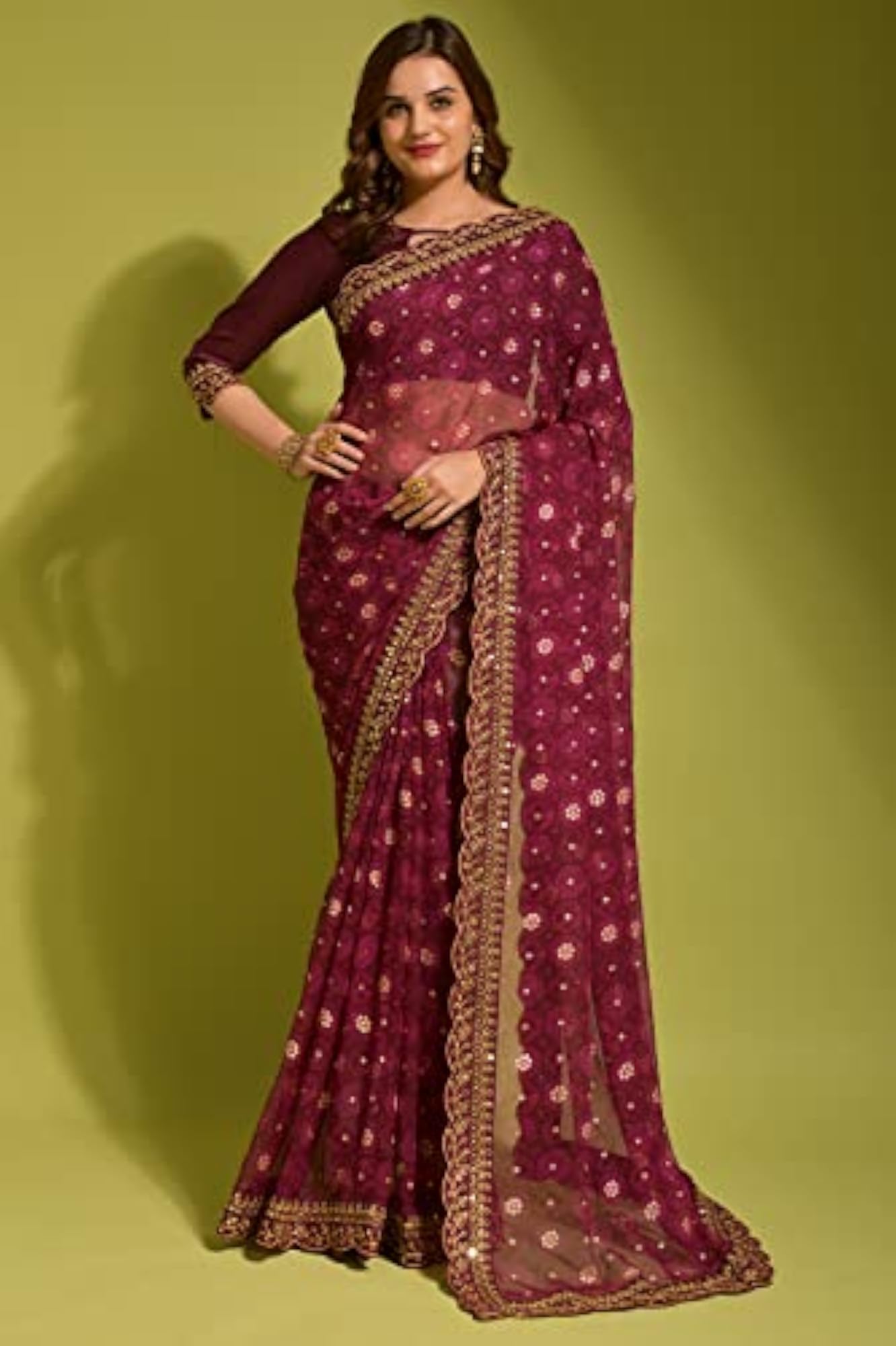 Smooth Georgette Chiffon Sequin Lace Border Saree with Blouse