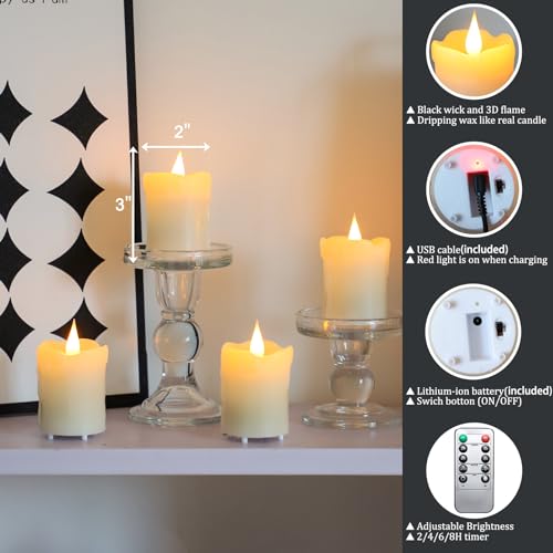 Image of Lezonic Rechargeable Votive Flameless Battery Operated Candles with Remote Timer USB Cable, Pack of 4(D:2 inch X H:3 inch) LED Ivory White Flickering Wax Candles with 3D Flame
