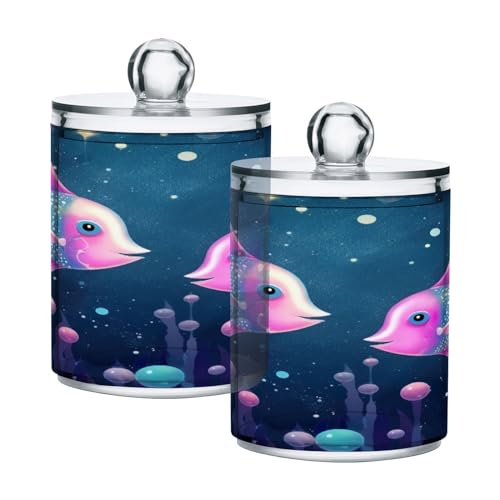 Coikll Colorful Fish Qtip Holder with Lid 2PCS Apothecary Jars Storage Containers, Clear Plastic Canister for Cotton Swab,Floss Picks, Cosmetics
