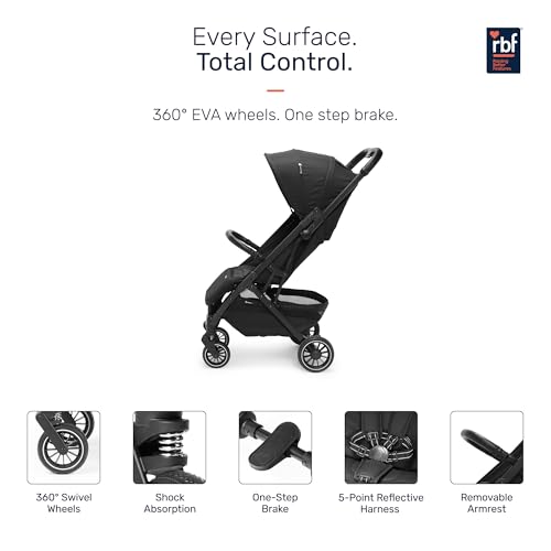 Image of Growgether VELOX Stroller for Baby 0-3 Years (Up to 22 Kg), Travel Ready Size 5 Point Safety Harness, Full Recline, Extended UPF 50+ Canopy, 360 Swivel Wheels, Compact One Click Fold, Mosquito Net, 1 Yr Warranty, Black