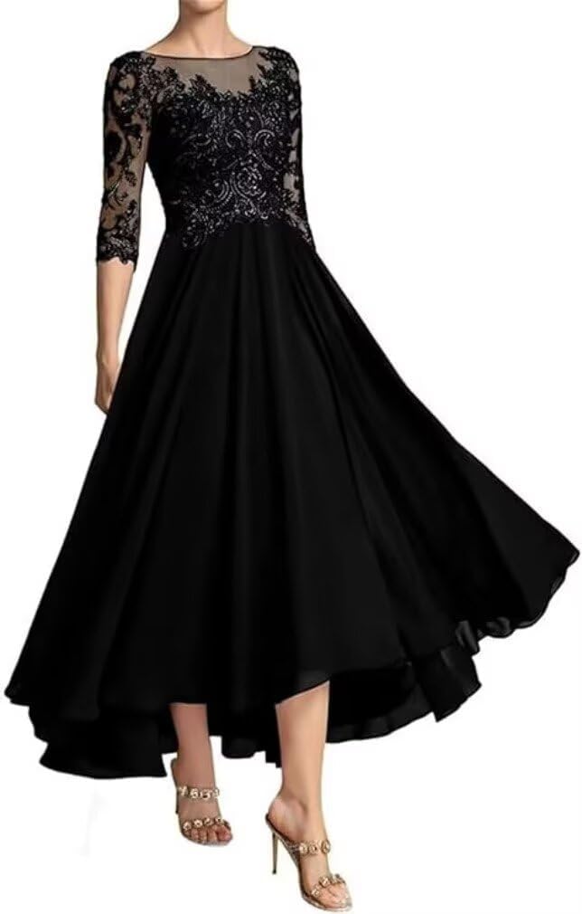 Mother of The Bride Dresses for Women Tea Length Lace Appliques 3/4 Sleeves Chiffon Formal Party Evening Gowns