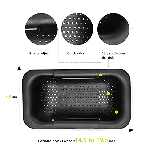 Domonic Home Colander Over The Sink Colander, Over The Sink Strainer Basket Pasta Veggies And Fruits, Expandable Colander 14.5"-19.5",Black Colander Dishwasher Safe #TOP1