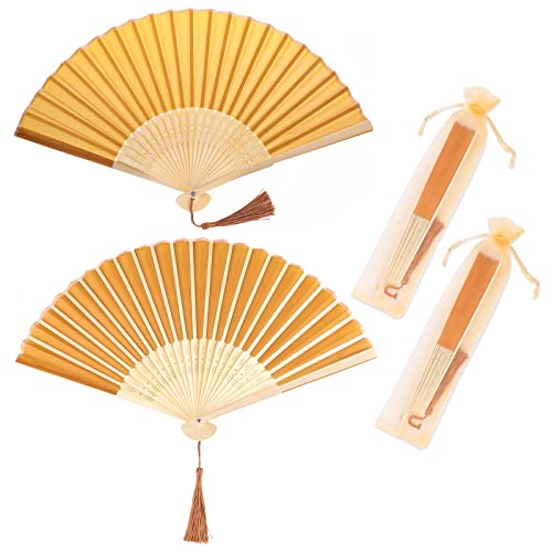Vaktop Handfächer, 2er Klein Handfächer aus Stoff für eine Abkühlung im Sommer, Faltbar Fächer mit Quaste und Fan-Tasche - für Hochzeite Bevorzugung Aufführung Tanz Dekoration (Gold)