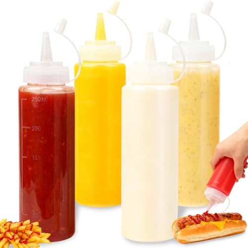 Flankor Squeeze Bottle - 4 Pack 8oz / 250ML Plastic Sauce Bottle with Nozzles for Ketchup Condiments BBQ Sauce Dressing Barbecue Grilling Crafts Syrup Crafts and More
