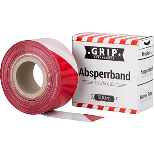 GRIP Eventbasics Absperrband rot-weiß gestreift | 500 m x 70 mm nicht klebend | LDPE-Flatterband im praktischen Abrollkarton | Markierungsband für Gefahrenbereiche Baustellenabsperrungen