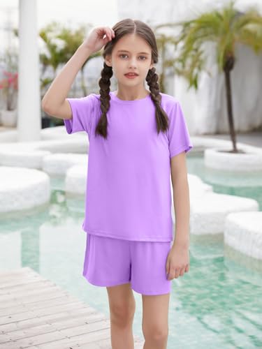 Image of Girls Outfits Short Sleeve Tshirts and Shorts Set Summer Clothing | Elastic Waisted,Round Neck Tshirts,Soft lightweight athletic outfits for daily home & active wear