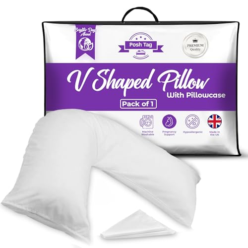 Posh Tag V Pillow with Pillowcase 140 cm x 30 cm, Pregnancy Pillow for Nursing, Orthopedic, Maternity Support, V Shaped Triangle Pillow, Extra Filled Hollow Fiber, Hypoallergenic