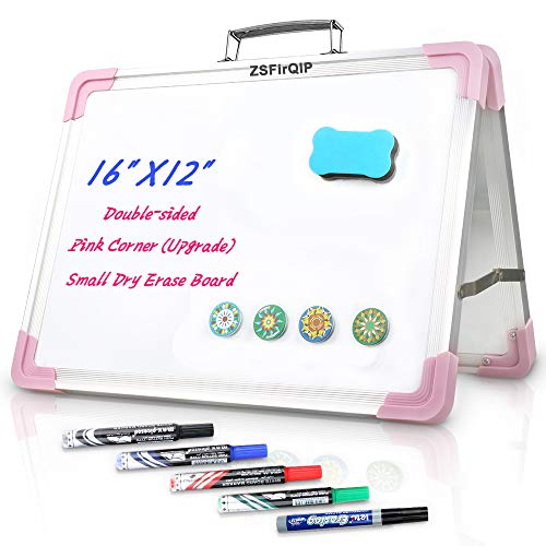 Small Dry Erase White Board,16X12Tabletop White Board with Stand,2020 Upgrade Pink Dry Erase Board Easel for Learning Teaching,Girls Dry Erase Board with 5 Markers,4 Magnets,1 Eraser (Pink)