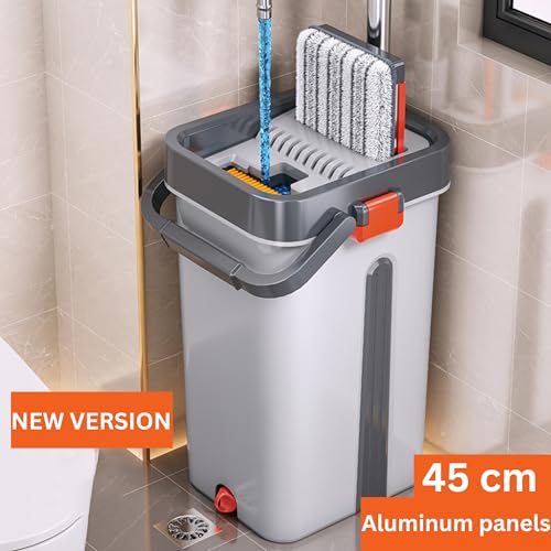 Image of Mop Bucket Heavy Quality Floor Mopp with Bucket, Aluminium pad,Flexible Kitchen tap Flat Squeeze Cleaning Supplies 360 Flexible Mopp Head /2 Reusable Pads Clean Home Floor Easy to Use (Orange)