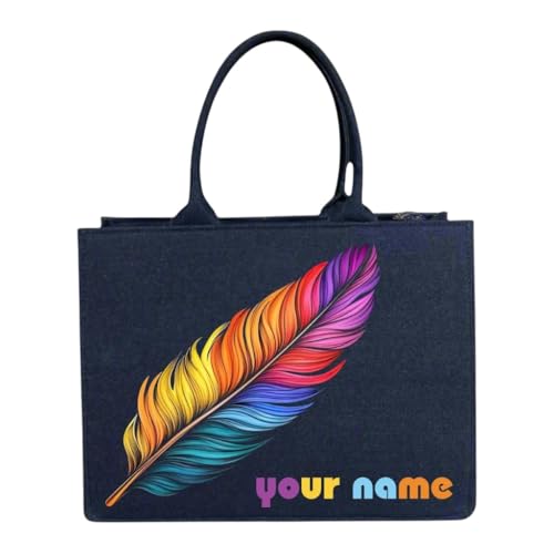 Image of Customised & Personalised Tote Bag for Women | Denim Handbag with Name & Colorful Feather Print | Stylish Everyday Carry Bag for Work, College, or Gift Use