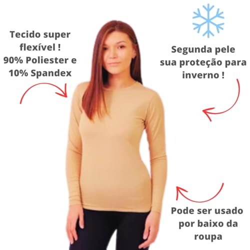 Blusa Segunda Pele Feminina Termica Flanelada Pelucia Manga Longa (BR, Alfa, Único, Regular, Nude)