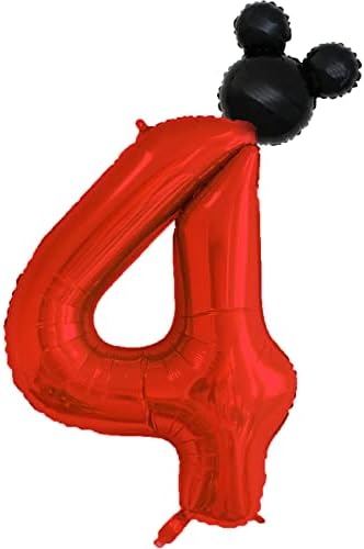 40 inch Red Number 4 Balloon & Mini Mouse Head Balloon, 4th Birthday Party Decoration Balloons, Cartoon Mouse Birthday Party Supplies Baby Shower Decoration, Red Black Theme Party Decorations Supplies