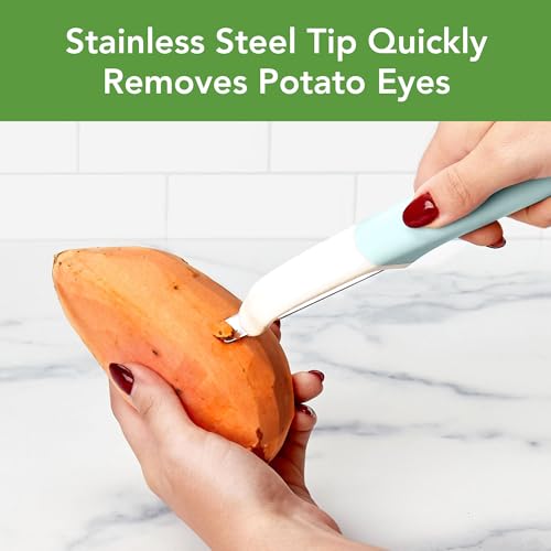 Image of Tovolo Vegetable Peeler with Ultra Sharp Stainless Steel Swivel Blade Non Slip Handle, Multi Functional Dishwasher Safe Kitchen Wide Ribbon Potato Peeler for Fruit Veggies Carrots Apples, Blue Haze