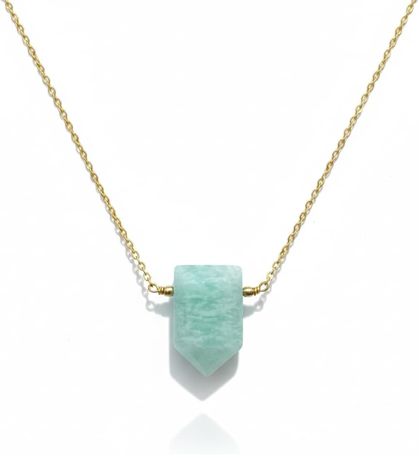 Natural Gemstone Point Necklace for Women | German Silver & Gold-Filled Chain | 16+2 Inch Healing Crystal Pendant Gift (Amazonite)