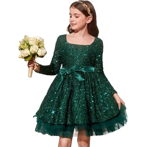 ABAO SISTER Sequin Flower Girl Dress Kids Party Birthday Christmas Dresses (Size 8,Dark Green) Cover