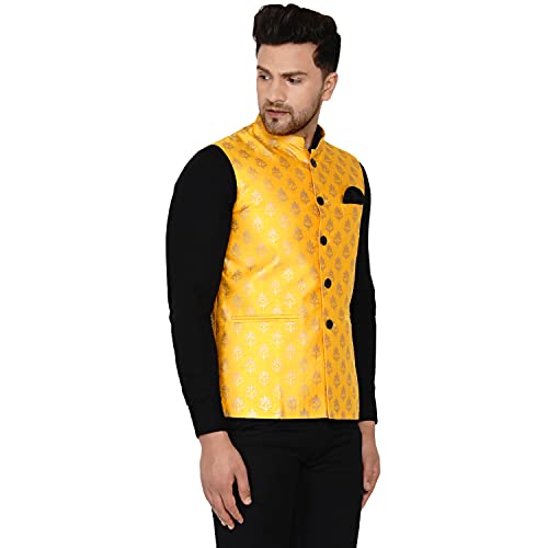 Men's Banarasi Printed Nehru Jacket (Yellow)2