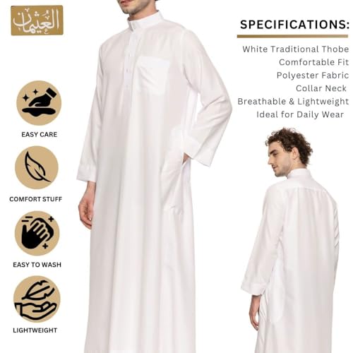 العثيمان Men’s Traditional Saudi Thobe | Hand-Stitched Kandora Jubba | Long Sleeves Kandura for Men | Men's Long Sleeve Robe/Thobe (54)
