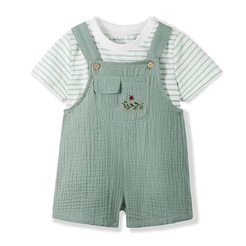 Volunboy Ensemble 2 pièces Vêtements pour Bébé Unisexe, D'été Combinaison Courte et Rayures T-shirt 1-4 ans(Taille 90,18-24 mois,Vert Clair
