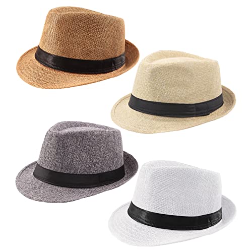 Fivebop 4 Pack Women Men Fedora Hat Short Brim Panama Summer Beach Sun Hat Classic Gatsby Fedora Hats (Medium, 4 Pack-White+Khaki+Dark Grey+Light Yellow) #TOP6