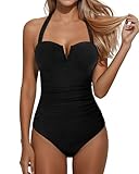Women's Black Tummy Control One Piece Swimsuit - Slimming Retro Bathing Suit Halter Swimwear 2026 M