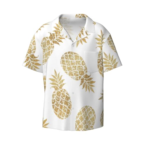 EdWal Chemises boutonnées à manches courtes pour homme avec imprimé ananas doré, coupe ample, pour l'été, la plage, les chemises habillées pour hommes, Noir , S