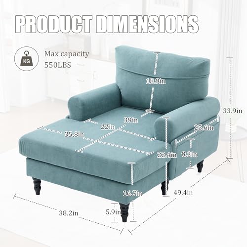 KEIKI Chaise Lounge Chair Indoor, Oversized Accent Chenille Armchair with Storage, Leisure Sleeper Single Sofa Side Chair, Corner Recliner Arm Chairs for Living Room Reading, Easy Assembly, Mint Green - Thumbnail 2