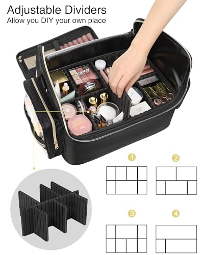 Extra Large Makeup Bag Professional Makeup Artist Bag Tattoo Case Cosmetic Train Case Travel Makeup Organizer Box with Adjustable Dividers (Black, Extra Large)