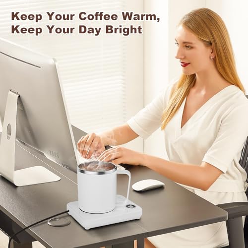 Image of Felibeaco 16oz Heated Coffee Mug with Flat Bottom for Rapid Heating, Stainless Steel Heated Coffee Cup Suitable for Different Coffee Mug Warmer /Heaters, Heated Mug /Cup for Home and Office Desk,White