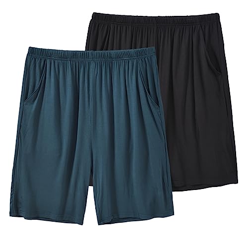 MoFiz Men's Pyjama Shorts PJ Bottoms Ultra Soft Modal Sleepwear Lounge Wear Shorts with Pockets Black&Lake-blue Size 4XL