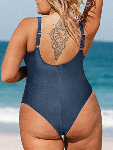 Cupshe Women Plus Size One Piece Swimsuit V Neck Mesh Sheer Tummy Control Bathing Suit With Adjustable Wide Straps, 2X Dark Blue #TOP1
