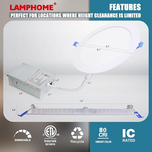 LAMPHOME 12-Pack of 8-Inch Slim LED Recessed Lights with Junction Box, Adjustable Color Temperatures (2700K-5000K), 18W Equivalent to 125W, Dimmable, 1600LM Brightness - ETL and Energy Star Certified by LAMPHOME - Image 3