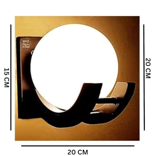 Image of Wooden Wall Lamp, Globe Shape, Dark Brown and White Frosted Glass Pack of 1