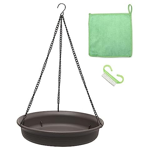 Magerdy Fields 12 Inch Hanging Bird Bath - 3 Chains with an S Hook - Complete with Microfiber Cleaning Cloth and Brush - Bird Bath for Outside - birdbaths for Outdoors- Crow Feeder Cover