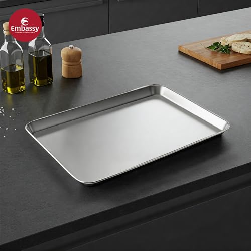 Image of Embassy Stainless Steel Rectangle Deep Tray | 33x22 cm (L x B) | Serving Tray for Kitchen | Food Tray for Parties, Catering, Dining, Baking & Everyday Use | Dishwasher Safe & Easy to Clean