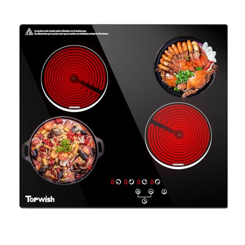 4 Burner Electric Cooktop, TOPWISH 24 Inch, Built-in Electric Stove Top, 220-240v Radiant Cooktop with Child Lock, Touch Control, Residual Heat Indicator, Overheat Protection, Hard Wire (No Plug)