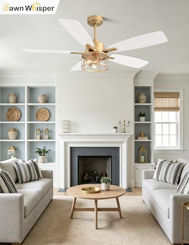 Image of Dawn Whisper 52 Inch Modern Farmhouse Ceiling Fans with Lights White and Gold Rustic Caged Ceiling Fan for Bedroom Living Room Quiet and Reversible DC Motor