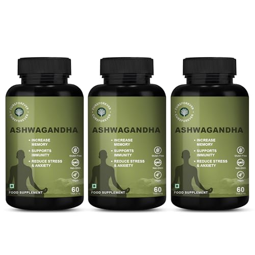 Image of CUREFOREVER Ashwagandha Tablet 1200mg - 180 Tablets, Supports Immunity & Sleep, Naturally Reduces Stress & Anxiety, Improves Focus & Mind Wellness - Withania Somnifera 10:1 Extract | 90 Servings