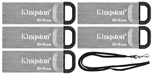 Kingston 64GB DataTraveler Kyson High Performance up to 200MB/s USB 3.2 Metal Flash Drive DTKN/64GB Bundle with (1) GoRAM Black Lanyard (64GB, 5 Pack)
