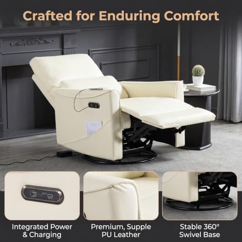 Image of Leather Power Swivel Rocking Recliner Chair, Electric Lazy Boy Reclining with Home Theater Seating, 360 Swivel Oversized Recliner Chair for Living Room, Bedroom, Reading, Beige