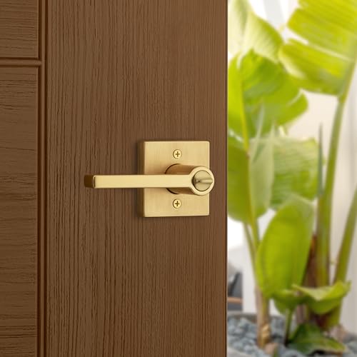 Image of Kwikset Halifax Entry Door Handle with Lock and Key, Secure Keyed Reversible Lever Exterior, for Front Entrance and Bedrooms, Satin Brass, 4 Pack, Pick Resistant SmartKey Rekey Security
