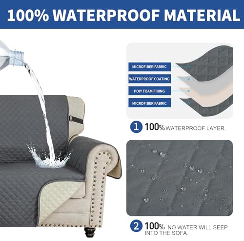 XINEAGE Loveseat Sofa Cover Waterproof Couch Covers for 2 Cushion Couch, Soft Washable Slipcover with Pockets & Non-Slip Elastic Straps, Thick Furniture Protector (Loveseat, Dark Grey)